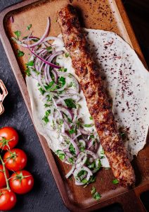 azerbaijani-lule-kebab-lavash-bread-with-onion-green-salad