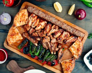 kebab platter with grilled chicken lula kebab ribs kebab and grilled peppers